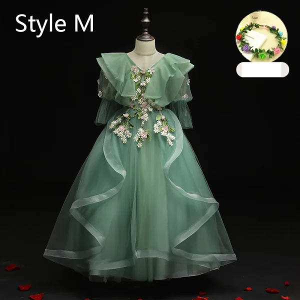 Flower Fairy Sage Green Appliques Lace Flower Birthday Flower Girl Dresses 2024 Ball Gown V-Neck Bell sleeves Court Train Flower Girl Dresses