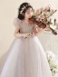 Modest / Simple Grey Beading Sequins Birthday Flower Girl Dresses 2024 Ball Gown V-Neck Short Sleeve Floor-Length / Long