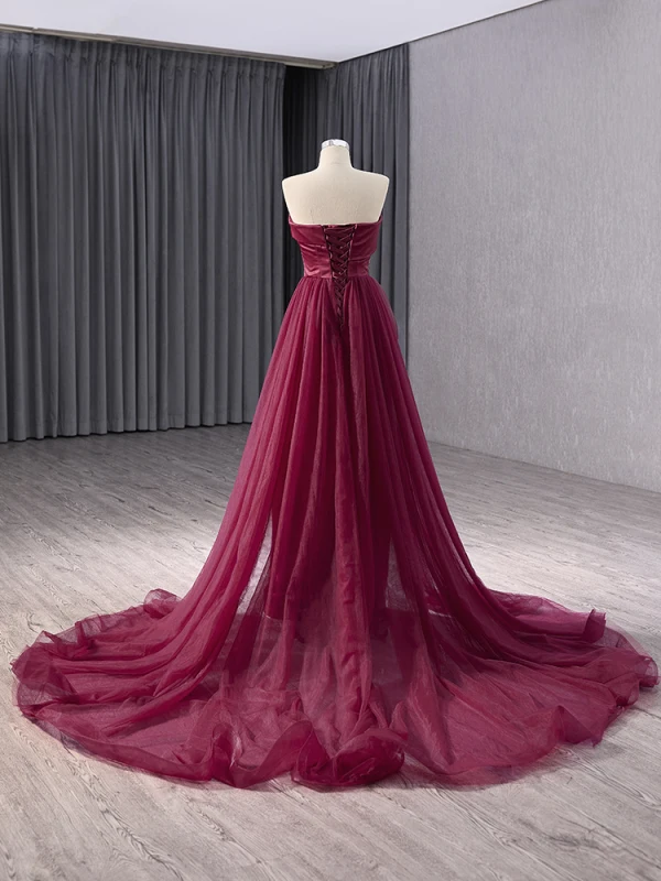 Haut de Gamme Élégant Bordeaux Fait main Perlage Paillettes Fleur Robe De Bal 2024 Trompette / Sirène Bustier Sans Manches Dos Nu Train De Balayage Promo