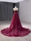 Haut de Gamme Élégant Bordeaux Fait main Perlage Paillettes Fleur Robe De Bal 2024 Trompette / Sirène Bustier Sans Manches Dos Nu Train De Balayage Promo