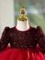 Charming Burgundy Sequins Pleated Short Birthday Flower Girl Dresses 2025 Ball Gown Scoop Neck Long Sleeve