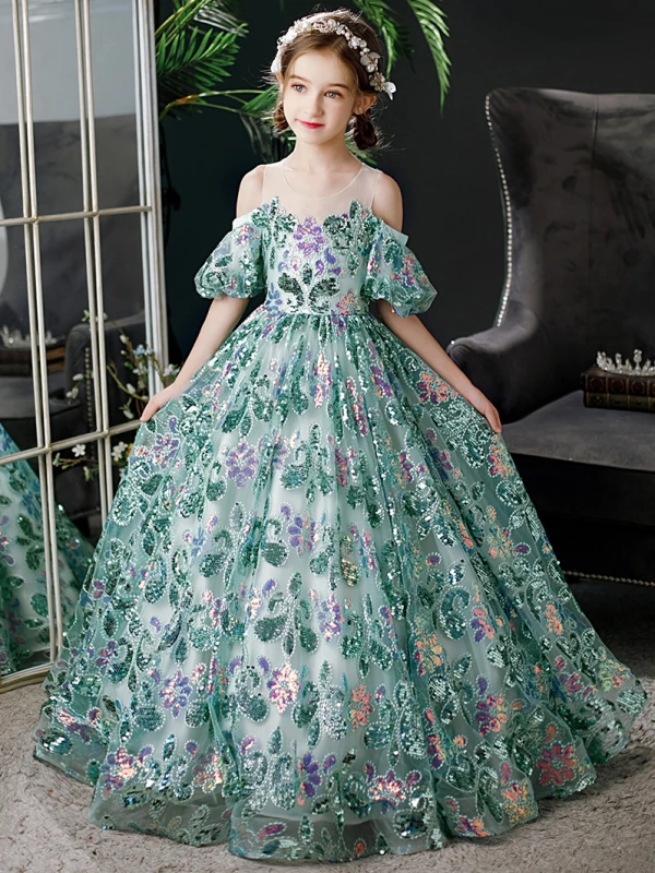 Vintage / Retro Green Sequins Birthday Flower Girl Dresses 2024 Ball Gown Scoop Neck Short Sleeve Floor-Length / Long