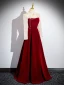 Elegant Burgundy Beading Pearl Lace Flower Velvet Prom Dresses 2024 A-Line / Princess High Neck Long Sleeve Backless Floor-Length / Long Prom Formal Dresses