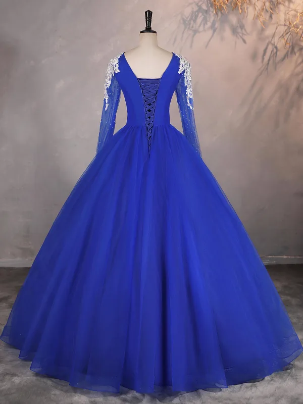 Vintage / Retro Royal Blue Beading Pearl Rhinestone Prom Dresses 2025 Ball Gown V-Neck Sleeveless Backless Floor-Length / Long Formal Dresses