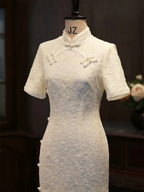Chiński Styl Beżowe Z Koronki Kwiat Długość Herbaty Bal Cheongsam 2025 Syrena / Rozkloszowane Wysokiej Szyi Kótkie Rękawy