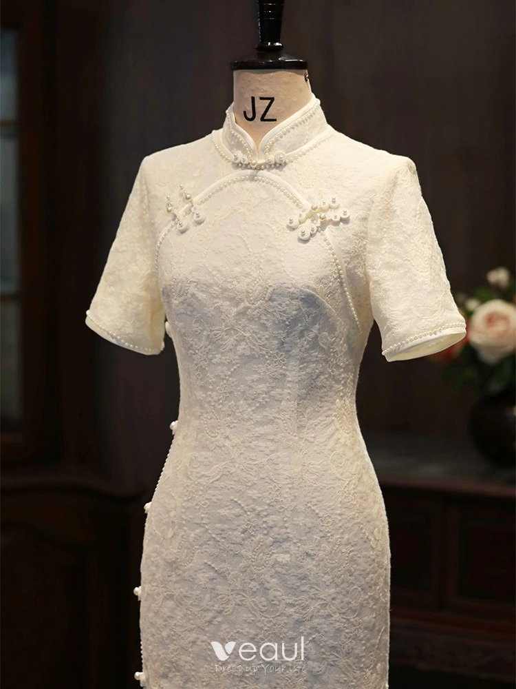 Chinese style Beige Lace Flower Tea-length Prom Cheongsam