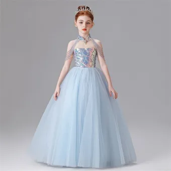 Mode Hemelsblauw Kralen Kwast Pailletten Verjaardag Bloemenmeisjes Jurken 2025 Baljurk Hoge Kraag Mouwloos Lange