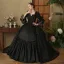 Vintage / Retro Medieval Gothic Black Beading Printing Bow Prom Dresses 2024 Ball Gown Square Neckline Bell sleeves Floor-Length / Long Prom Formal Dresses