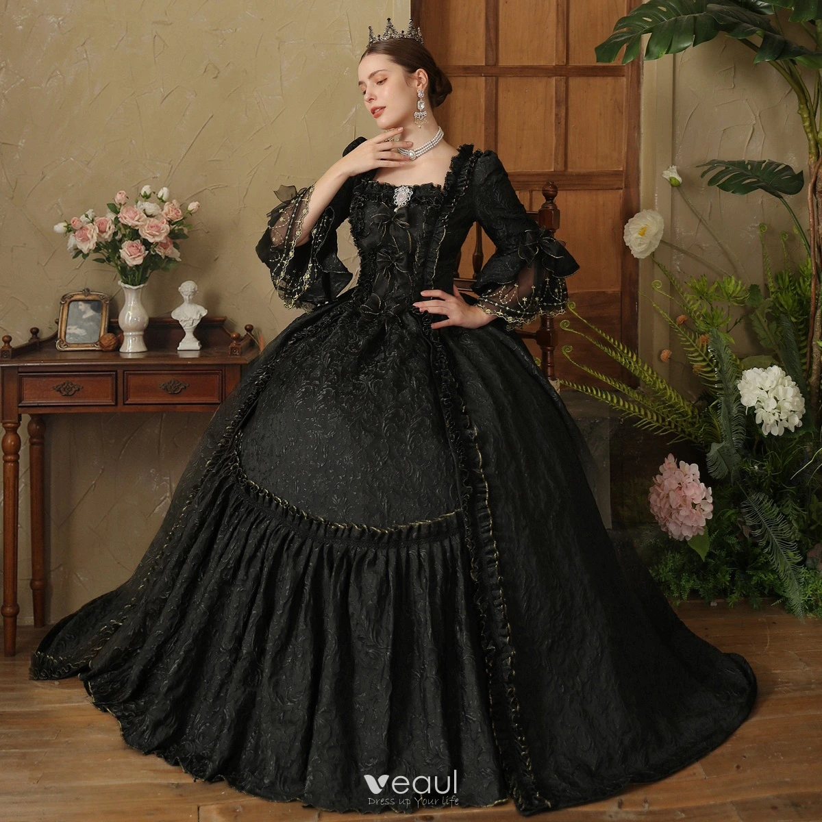 Vintage Originale Medievale Gothique Noire Perlage Impression Noeud Robe De Bal 2024 Robe Boule Encolure Carree Manches de cloche Longue Promo Robe De Ceremonie