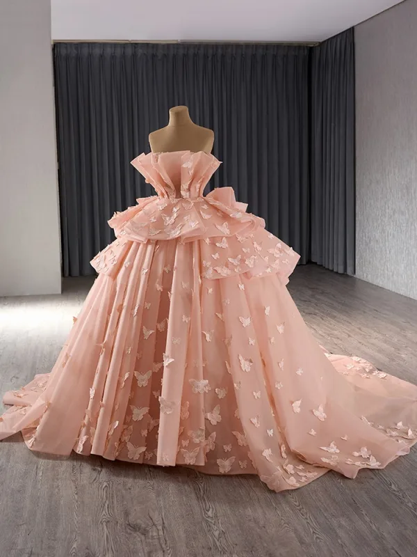 Fashion Luxury / Gorgeous Orange Butterfly Appliques Cascading Ruffles Prom Dresses 2024 Ball Gown Strapless Sleeveless Backless Chapel Train Prom Formal Dresses
