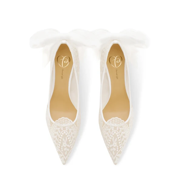 Elegant White Lace Flower Bow Wedding Shoes 2023 Leather 8 cm Stiletto Heels Pointed Toe Wedding Pumps High Heels