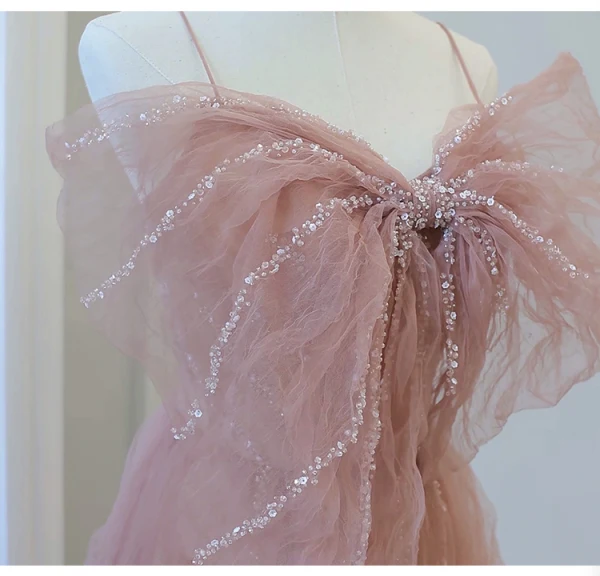 Charming Blushing Pink Beading Ruffle Evening Dresses 2023 A-Line / Princess Spaghetti Straps Bow Sleeveless Backless Evening Party Floor-Length / Long Formal Dresses