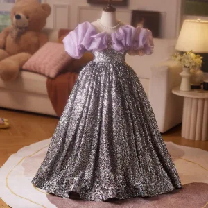 Sparkly Multi Colors Sequins Lavender Birthday Flower Girl Dresses 2025 Ball Gown Ruffle Off The Shoulder Short Sleeve Backless Floor Length Long