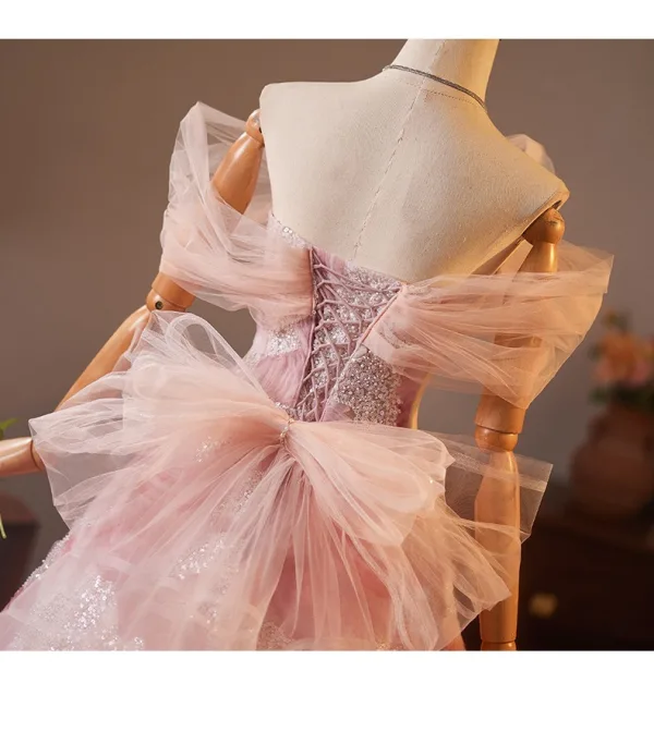 Fashion Blushing Pink Bow Printing Prom Dresses 2025 Ball Gown Off-The-Shoulder Short Sleeve Backless Floor-Length / Long Prom Formal Dresses