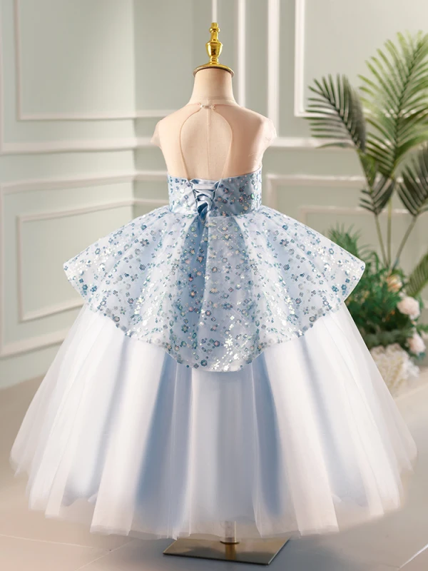 Fashion Sky Blue Sequins Birthday Flower Girl Dresses 2023 Ball Gown Scoop Neck Sleeveless Backless Floor-Length / Long