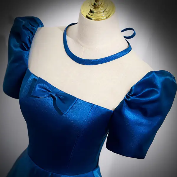 Vintage / Retro Royal Blue Satin Prom Dresses 2022 A-Line / Princess Square Neckline Bow Short Sleeve Backless Floor-Length / Long Prom Formal Dresses