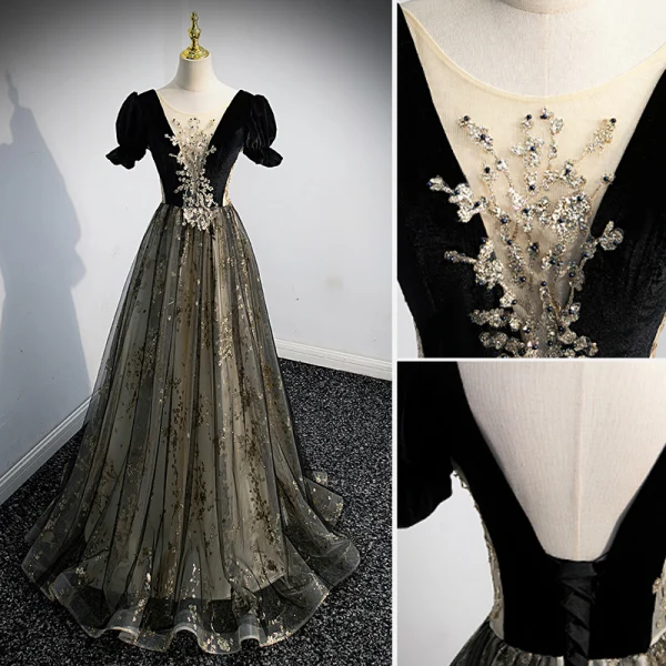 Chic / Belle Noire Perlage Robe De Bal 2022 Princesse Encolure Dégagée Manches Courtes Dos Nu Longue Robe De Ceremonie