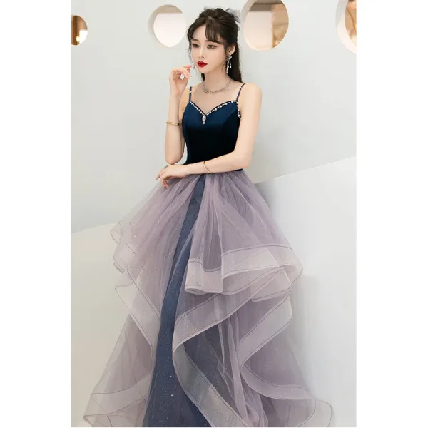 Fashion Navy Blue Cascading Ruffles Prom Dresses 2022 Ball Gown Spaghetti Straps Sleeveless Backless Floor-Length / Long Formal Dresses
