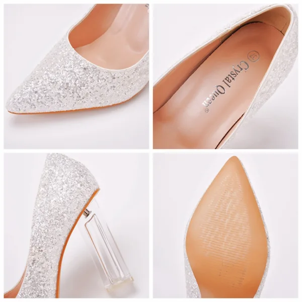 Fashion White Sequins Wedding Shoes 2023 9 cm Transparent Crystal Thick Heels Pointed Toe Wedding Pumps High Heels
