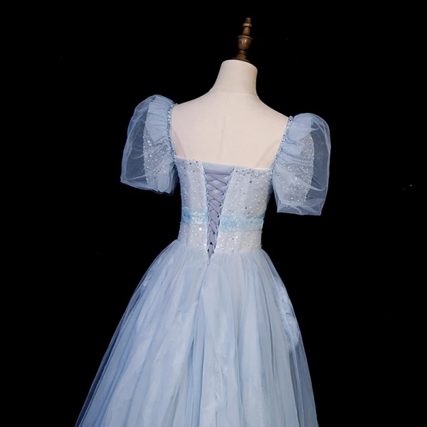 Elegant Sky Blue Sequins Prom Dresses 2023 A-Line / Princess Square Neckline Puffy Short Sleeve Backless Floor-Length / Long Prom Formal Dresses