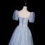 Elegant Sky Blue Sequins Prom Dresses 2023 A-Line / Princess Square Neckline Puffy Short Sleeve Backless Floor-Length / Long Prom Formal Dresses