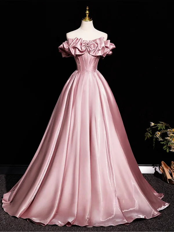Elegant Mint Green Satin Prom Dresses 2025 Ball Gown Off-The-Shoulder Short Sleeve Backless Floor-Length / Long Prom Formal Dresses