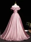 Elegant Mint Green Satin Prom Dresses 2025 Ball Gown Off-The-Shoulder Short Sleeve Backless Floor-Length / Long Prom Formal Dresses