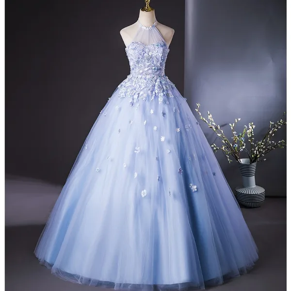 Chic Beautiful Sky Blue Beading Appliques Prom Dresses 2024 A-Line Princess Halter Long