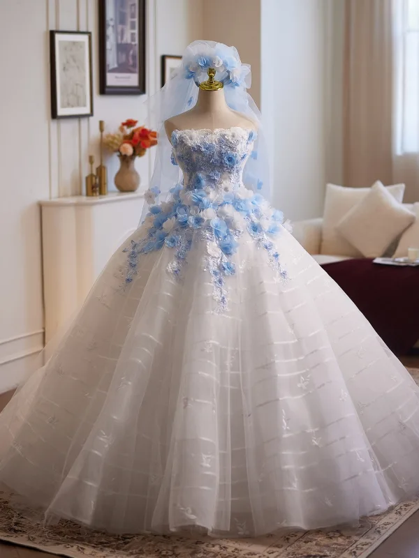 Charmant Haut de Gamme Blanche Fait main Perle En Dentelle Fleur Appliques Robe De Bal 2025 Robe Boule Bustier Sans Manches Dos Nu Train De Balayage