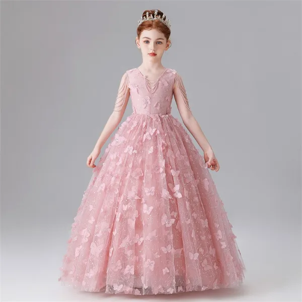 Chic / Beautiful Blushing Pink Beading Sequins Butterfly Appliques Birthday Flower Girl Dresses 2025 Ball Gown V-Neck Sleeveless Floor-Length / Long