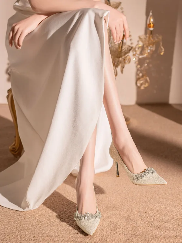 Charmant Weiß Strass Pailletten Brautschuhe 2026 Leder 8 cm Stilettos Spitzschuh Hochzeit Pumps Hochhackige