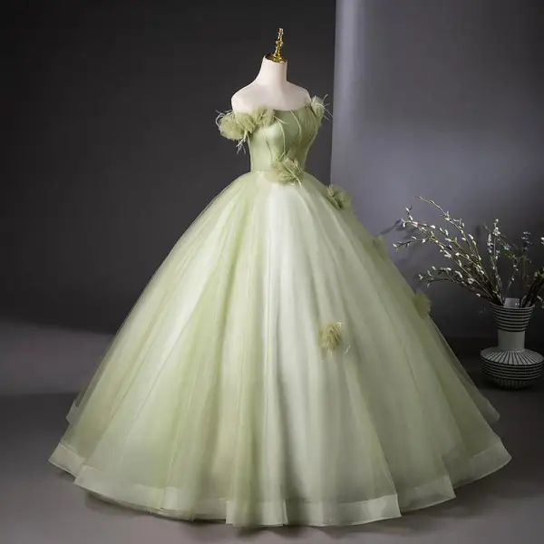Elegant Sage Green Appliques Ball Gown Prom Dresses 2024 Strapless Sleeveless Backless Floor-Length / Long Prom Formal Dresses