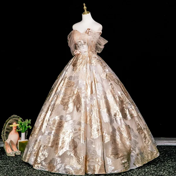 Élégant Doré Appliques Glitter Robe De Bal 2025 Dos Nu Robe Boule De l'épaule Manches Courtes Longue Robe De Ceremonie