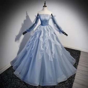 Mode Bleu Ciel Perlage Paillettes Robe De Bal 2023 Princesse Bustier Manches Courtes Dos Nu Longue Promo Robe De Ceremonie