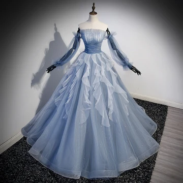 Fashion Sky Blue Beading Sequins Prom Dresses 2023 A Line Princess Strapless Short Sleeve Backless Floor Length Long Prom Formal Dresses