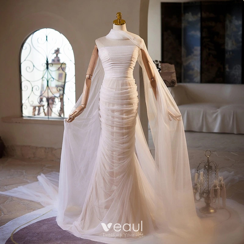 short mermaid style wedding dresses Ivory lace wedding dress trumpet mermaid short sleeve