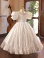 Vintage / Originale Ivoire Anniversaire Robe Ceremonie Fille 2024 Robe Boule V-Cou Gonflée Manches Courtes Longue