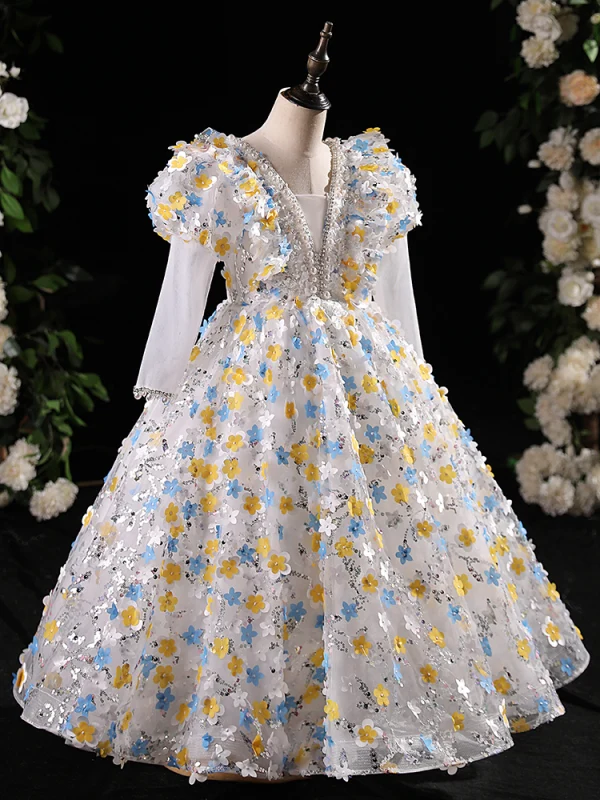 Flower Fairy Multi-Colors Appliques Beading Pearl Sequins Birthday Flower Girl Dresses 2024 Ball Gown V-Neck Long Sleeve Floor-Length / Long