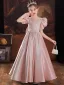 Lovely Blushing Pink Satin Birthday Flower Girl Dresses 2022 A-Line / Princess Scoop Neck Short Sleeve Beading Sequins Bow Floor-Length / Long