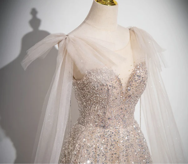 Charming Champagne Beading Sequins Prom Dresses 2024 A-Line / Princess Scoop Neck Short Sleeve Backless Floor-Length / Long Prom Formal Dresses