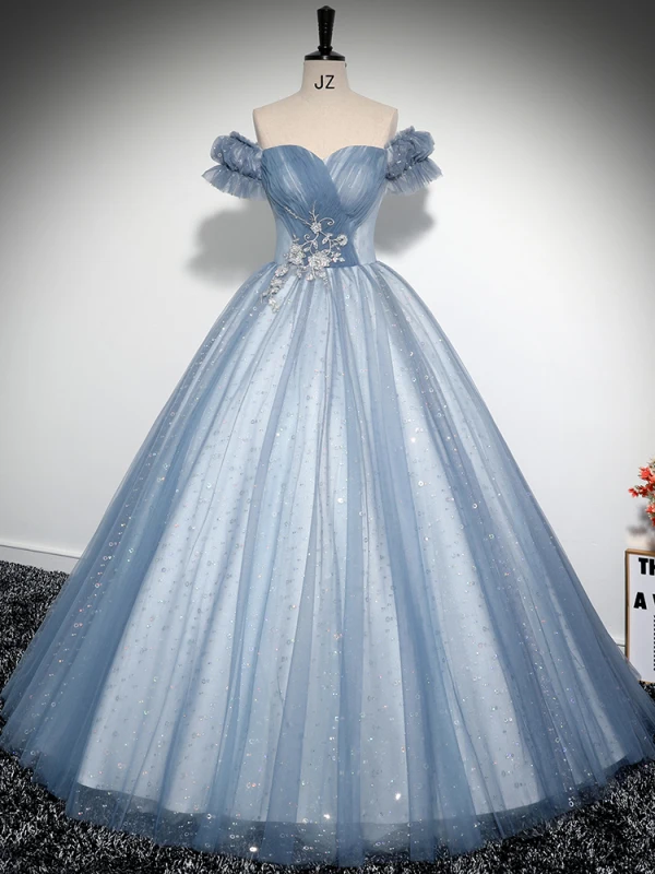 Elegant Sky Blue Beading Lace Flower Pearl Sequins Prom Dresses 2024 A-Line / Princess Off-The-Shoulder Short Sleeve Backless Floor-Length / Long Prom Formal Dresses