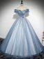 Elegant Sky Blue Beading Lace Flower Pearl Sequins Prom Dresses 2024 A-Line / Princess Off-The-Shoulder Short Sleeve Backless Floor-Length / Long Prom Formal Dresses