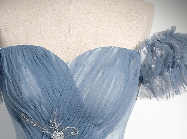 Elegant Sky Blue Beading Lace Flower Pearl Sequins Prom Dresses 2024 A-Line / Princess Off-The-Shoulder Short Sleeve Backless Floor-Length / Long Prom Formal Dresses