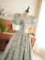 Classy Sage Green Printing Prom Dresses 2024 A-Line / Princess Scoop Neck Puffy Short Sleeve Backless Floor-Length / Long Prom Formal Dresses