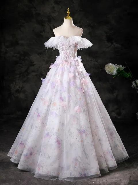 Hada de las flores Blanco Rebordear Apliques Vestidos de gala 2025 Ball Gown Fuera Del Hombro Manga Corta Sin Espalda Largos Vestidos Formales