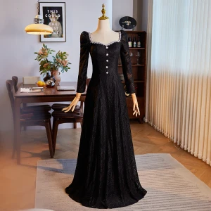 Élégant Noire Hiver En Dentelle Robe De Bal 2024 Princesse Encolure Carrée Faux Diamant Manches Longues Dos Nu Longue Promo Robe De Ceremonie