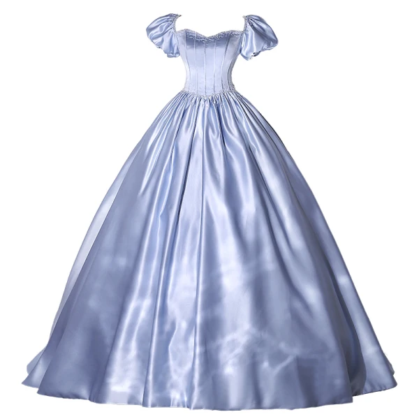 Elegant Sky Blue Pearl Satin Prom Dresses 2022 Ball Gown Square Neckline Puffy Short Sleeve Backless Bow Floor-Length / Long Formal Dresses