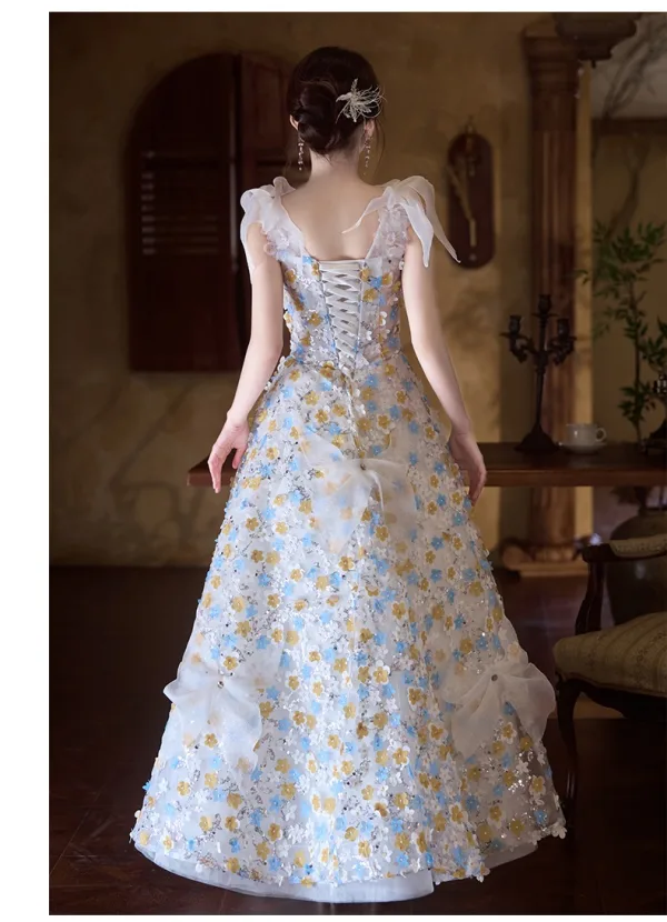 Chic / Beautiful Multi-Colors Appliques Beading White Prom Dresses 2025 A-Line / Princess Spaghetti Straps Sleeveless Backless Floor-Length / Long Prom Formal Dresses