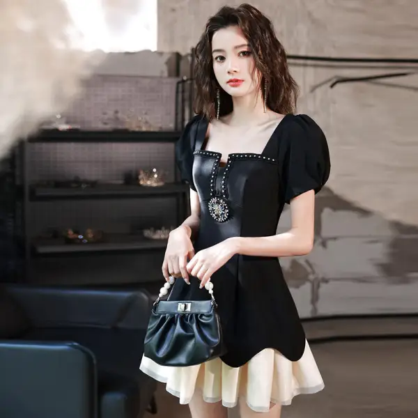 Audrey Hepburn Style Black Rhinestone Evening Dresses Party Dresses 2022 A-Line / Princess Square Neckline Short Sleeve Evening Party Short Formal Dresses