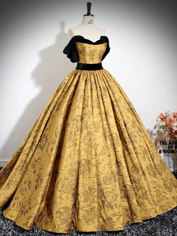 Elegant Gold Printing Prom Dresses 2024 Ball Gown Strapless Sleeveless Backless Floor-Length / Long Formal Dresses